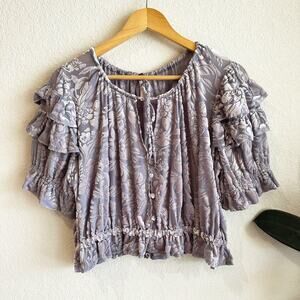 Free People Velvet Burnout Top Large Boho Coquette Ruffle Renaissance Romantic